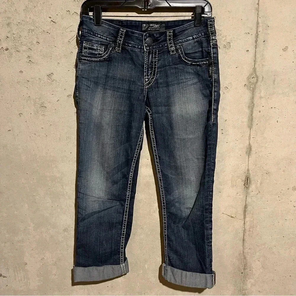 Silver Suki Capri Jeans Womens 27 Blue Low Rise Crop Cuffed Denim Thick Stitch